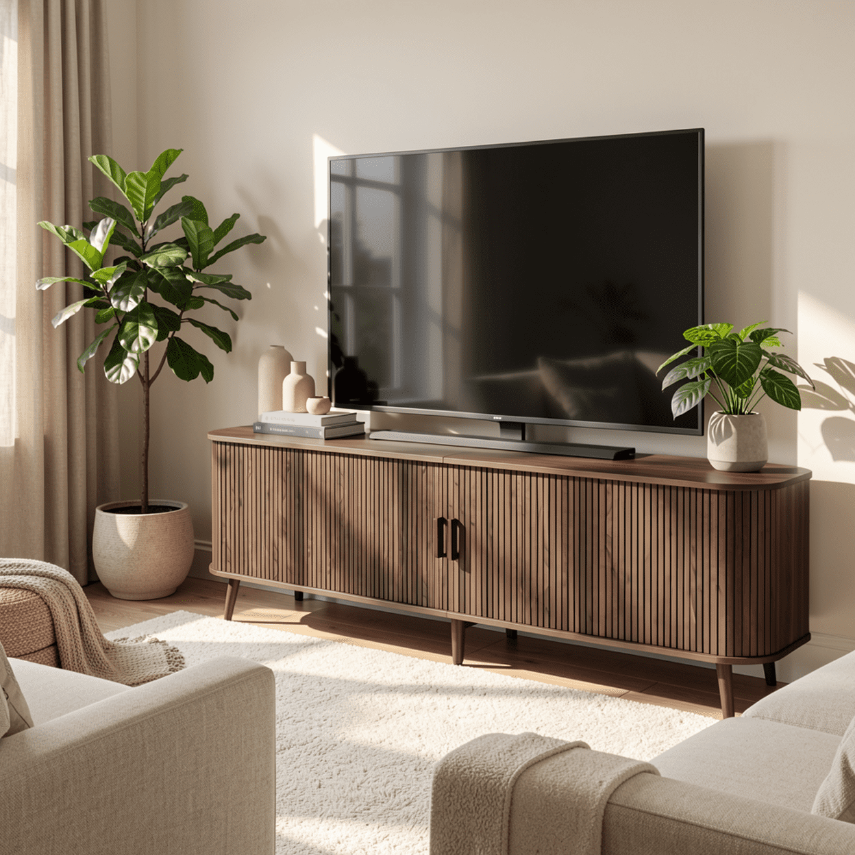 Homy Casa 70.87" TV Stand, Fluted Sliding Door Media Console with Storage, Brown