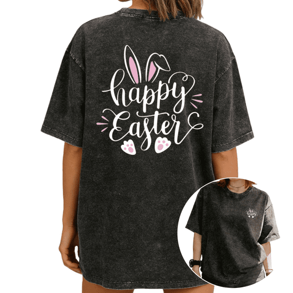 Women Casual Happy Easter Bunny Graphic Tees Cotton Crew Neck Printed T Shirt Tops Washed T Shirt Black S-2XL Plus Size