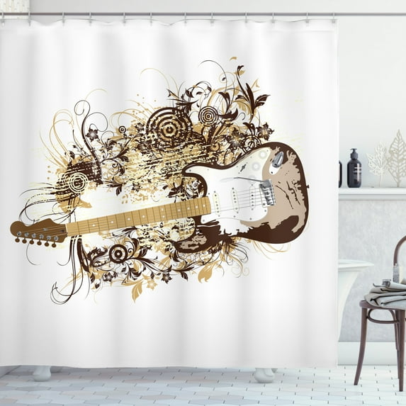 Guitar Shower Curtain, Grungy Composition of Concentric Circles and Flourishing Leaves, Fabric Bathroom Set with Hooks, 69W X 70L Inches, Chocolate Tan White and Yellow, by Ambesonne