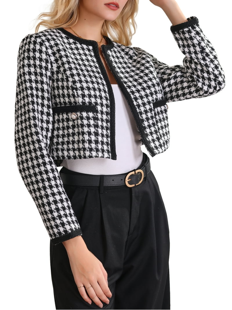 INSPIRE CHIC Womens Houndstooth Blazer Collarless Open Front Crop