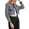 thumbnail image 4 of INSPIRE CHIC Womens Houndstooth Blazer Collarless Open Front Crop Plaid Tweed Jacket S Black White, 4 of 5