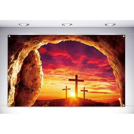 Image of He is Risen Photo Booth Backdrop Christian Cross Resurrection of Jesus Easter Decoration School Classroom Entryway Wall Decor (5.9×3.6ft)