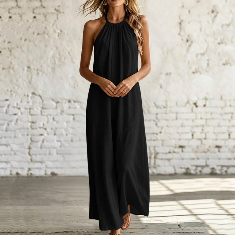 Miluxas Women's Halter Neck Sleeveless Maxi Dress Pleated Front A Line Looes Flowy Long Dress with Pockets Lightweight Beach Vacation Outfits Black