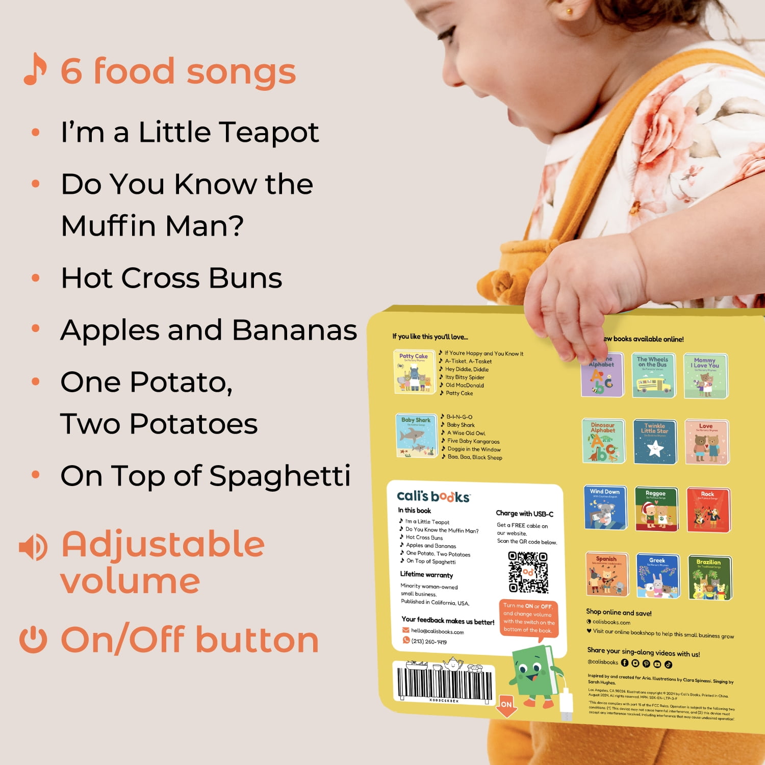 Cali's Books I'm a Little Teapot Book Sound Book for Toddlers 1-3 | Interactive Musical Book with Six Food Songs | Perfect Book for 1 Year Old