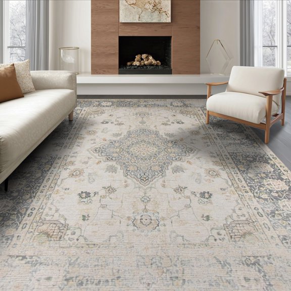 ODIKA 8'x10' Washable Area Rug Grey Vintage Neutral Boho Distressed Scroll Ornate Border Ivory for Living Room, Under Sectional, Family , Durable, Non-Slip