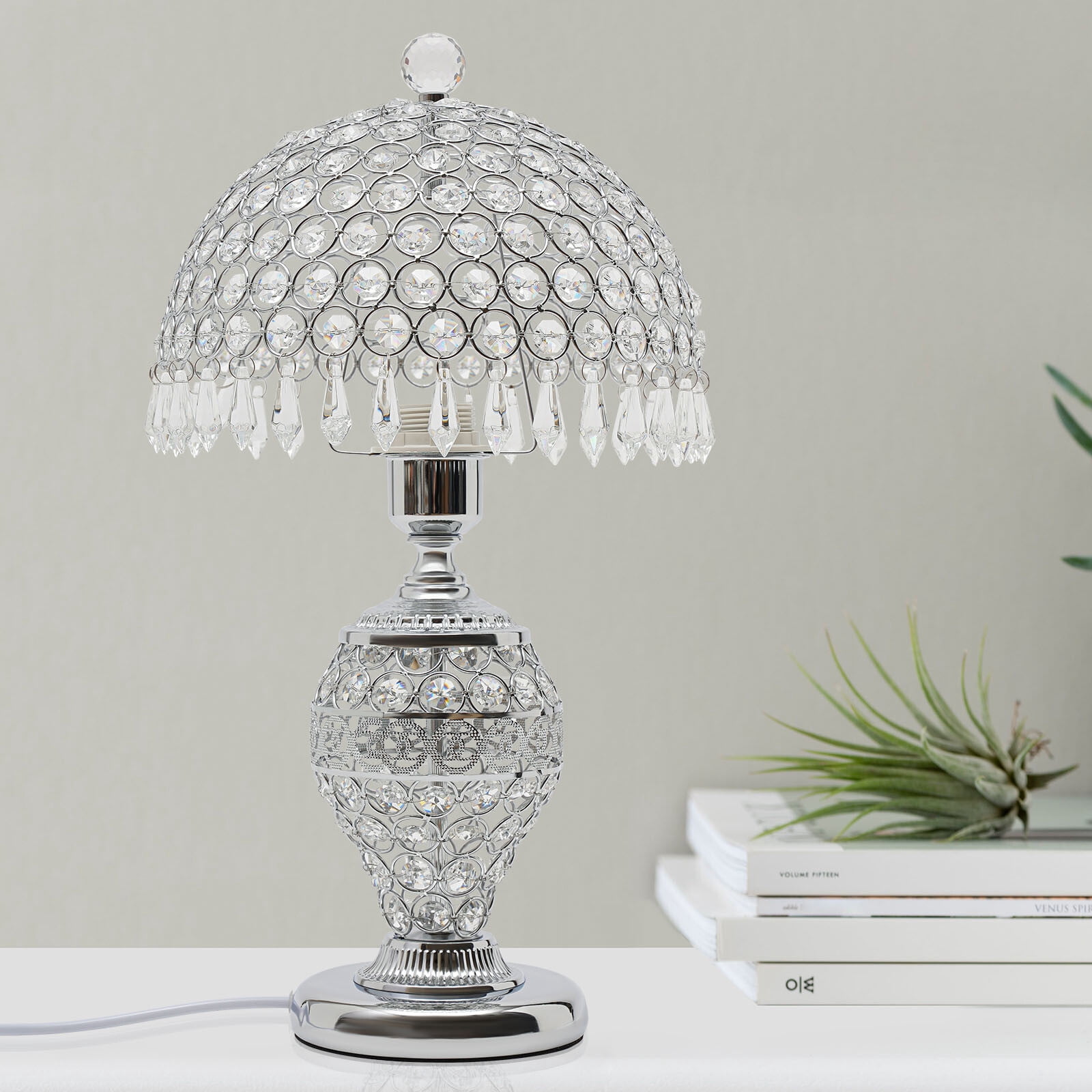 Silver Crystal Table Lamp Vintage Bedroom Nightstand Lamp Deluxe Bedside Lamp for Studies, Living Rooms