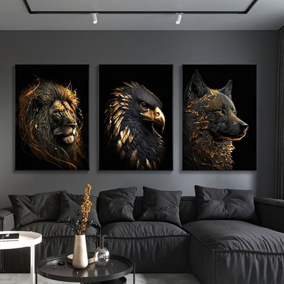 3pcs 15.7*23.6in/ 40cm*60cm Frameless Abstract The Golden Lion and Eagle Art Painting Wall Art Canvas Painting Art for Living Room Cuadros Decor No Frame, Perfect for Room Decor, 2D Flat, Perfect fo