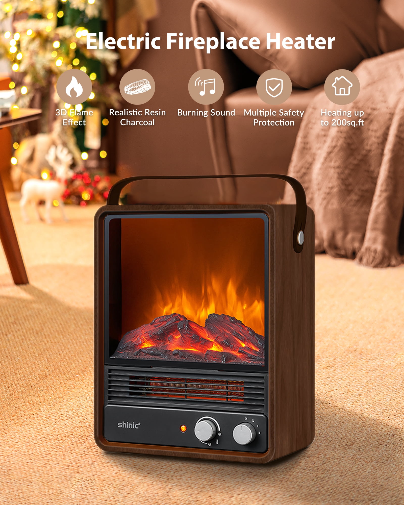 Shinic 1500W  Electric Portable Fireplace Heater, with Realistic Flame & Fire Crackling Sound, Walnut