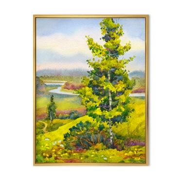 Designart 'Colorful Young Orange Betulas Along Bank Of Calm Bay' Lake House Framed Canvas Wall Art Print