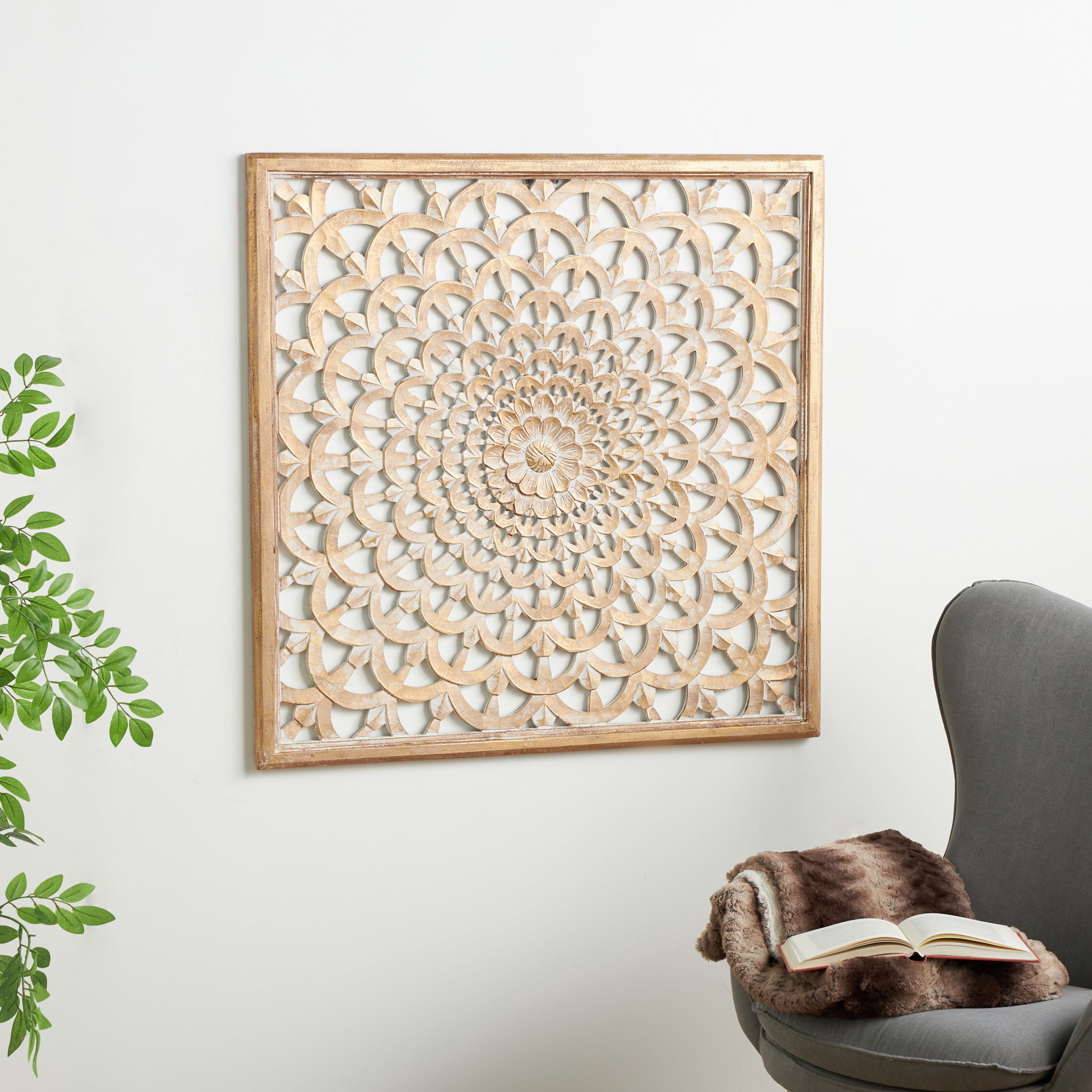 DecMode Traditional Carved Wood Floral Patterned Wall Décor with Brown/White Distressed Finish, 36"W x 36"H