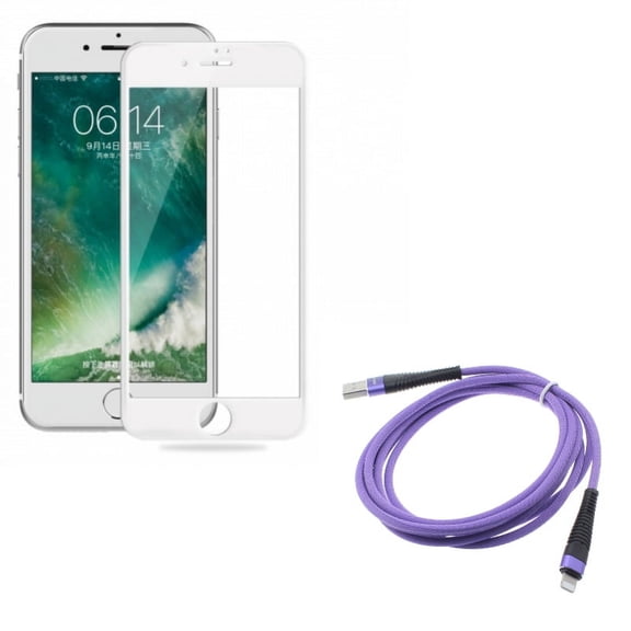 iPhone 8/7/6S/6 - Ceramics Screen Protector w Purple 6ft USB Cable - Matte White 3D Curved Edge Full Cover Anti Glare, Charger Cord Power Wire Braided Long for iPhone 8/7/6S/6