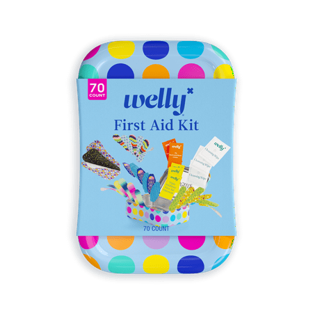 Welly Kids First Aid Kit with Bandages and Ointments, Polka Dot, Assorted Colors and Sizes, 70 Count