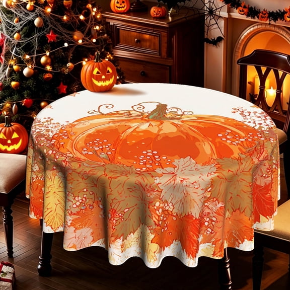 Watercolor Large Orange Pumpkin Fall Maple Leaf 2D Print Round Tablecloth, Table Cover for Halloween Autumn Gatherings, Indoor Kitchen Outdoor Patio Decor
