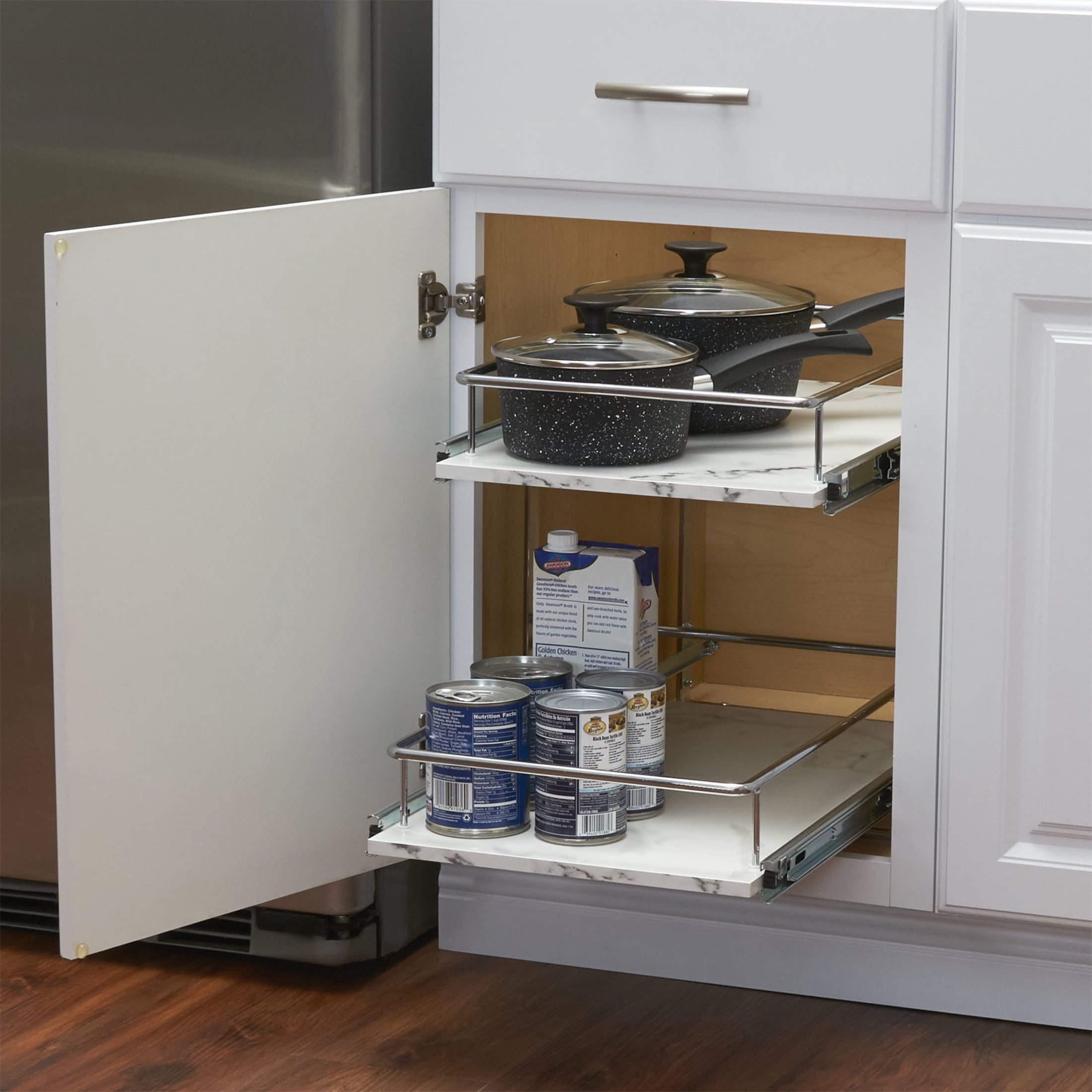 Household Essentials Glidez Chrome-Plated Steel and Faux Marble Pull-Out/Slide-Out Storage Organizer for Under Cabinet Use - 2-Tier Design - Fits Standard Size Cabinet or Shelf, White and Chrome