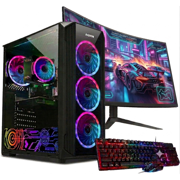 Gaming PC Desktop - Intel Core i7 Processor 16GB RAM, 512GB SSD, AMD RX 550 4GB GDDR5 HDMI , 24-inch Curved Gaming Monitor Windows 11 Pro WiFi Refurbished