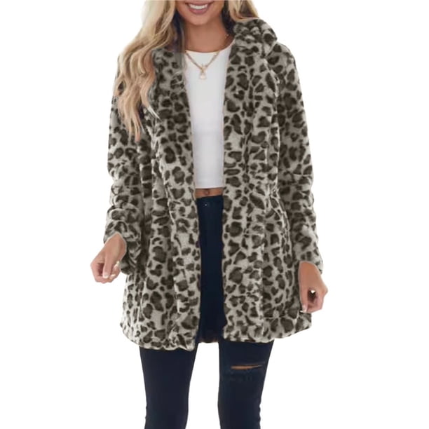 Chaquetas de Piel Sintética para Mujer, Otoño-Invierno, con Solapa de Leopardo, Mangas Largas, Abrigos Holgados con Bolsillos. Albaricoque XXL