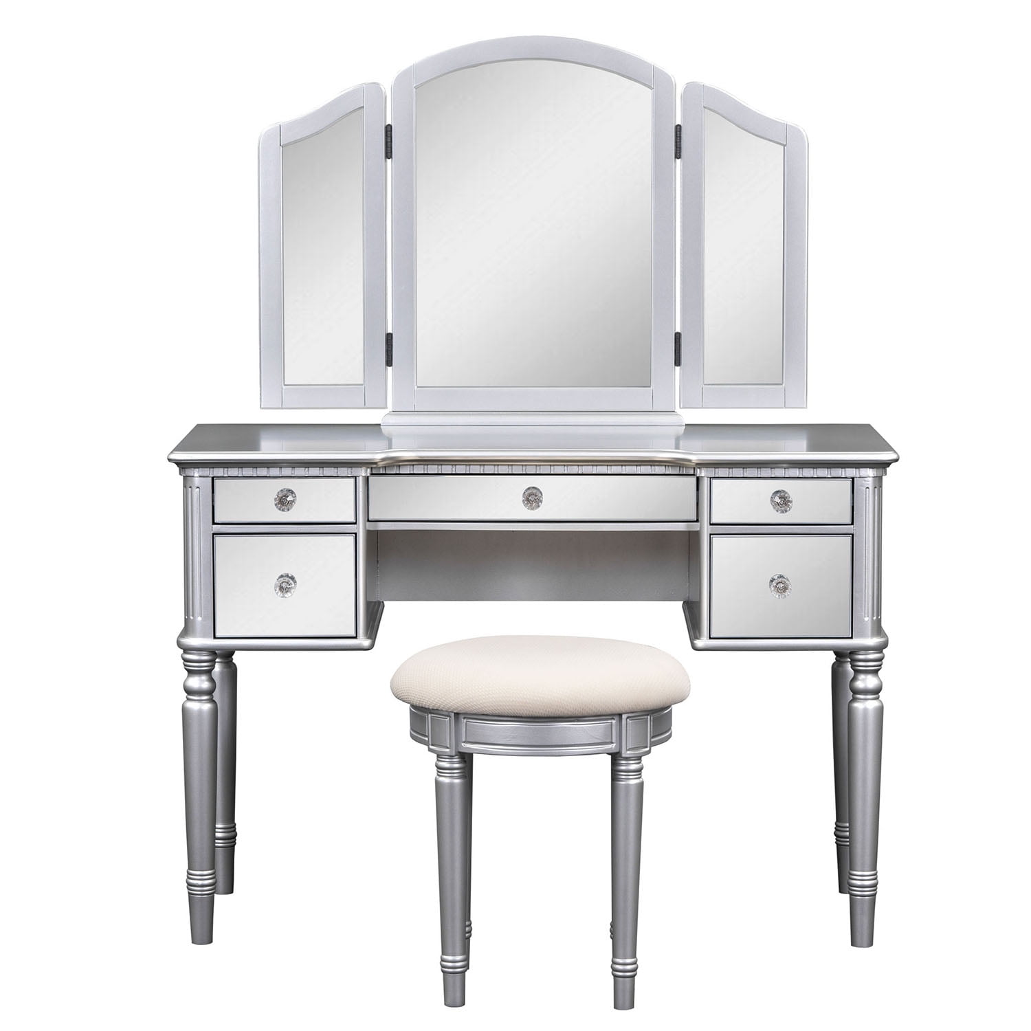 Resenkos 43" Dressing Table Set with Mirrored Drawers and Stool, Tri-fold Mirror, Makeup Vanity Set for Bedroom, Silver Resenkos 43" Dressing Table Set with Mirrored Drawers and Stool, Tri-fold Mirror, Makeup Vanity Set for Bedroom, Silver