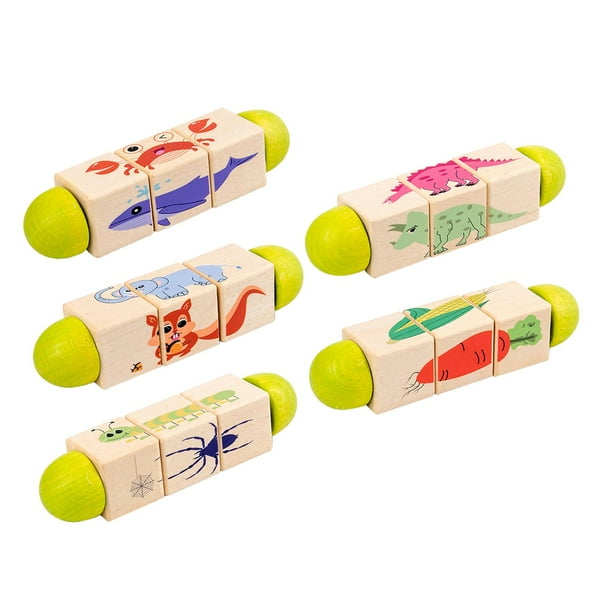 Juguete De Bloques Giratorios De Madera Montessori – Set De 2 Piezas Con Animales De Colores | Desarrollo Cognitivo Y Coordinación Mano-Ojo Para Bebés | Bordes Suaves Y Tamaño 15x3.5x3.5 Cm