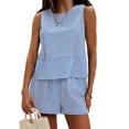 thumbnail image 2 of WTOBBY Women's Summer Leisure Two Piece Outfit Sleeveless Tank Top and Matching Shorts Striped Sweatsuits Set Sporty and Comfortable for Casual Style ,Blue L, 2 of 5