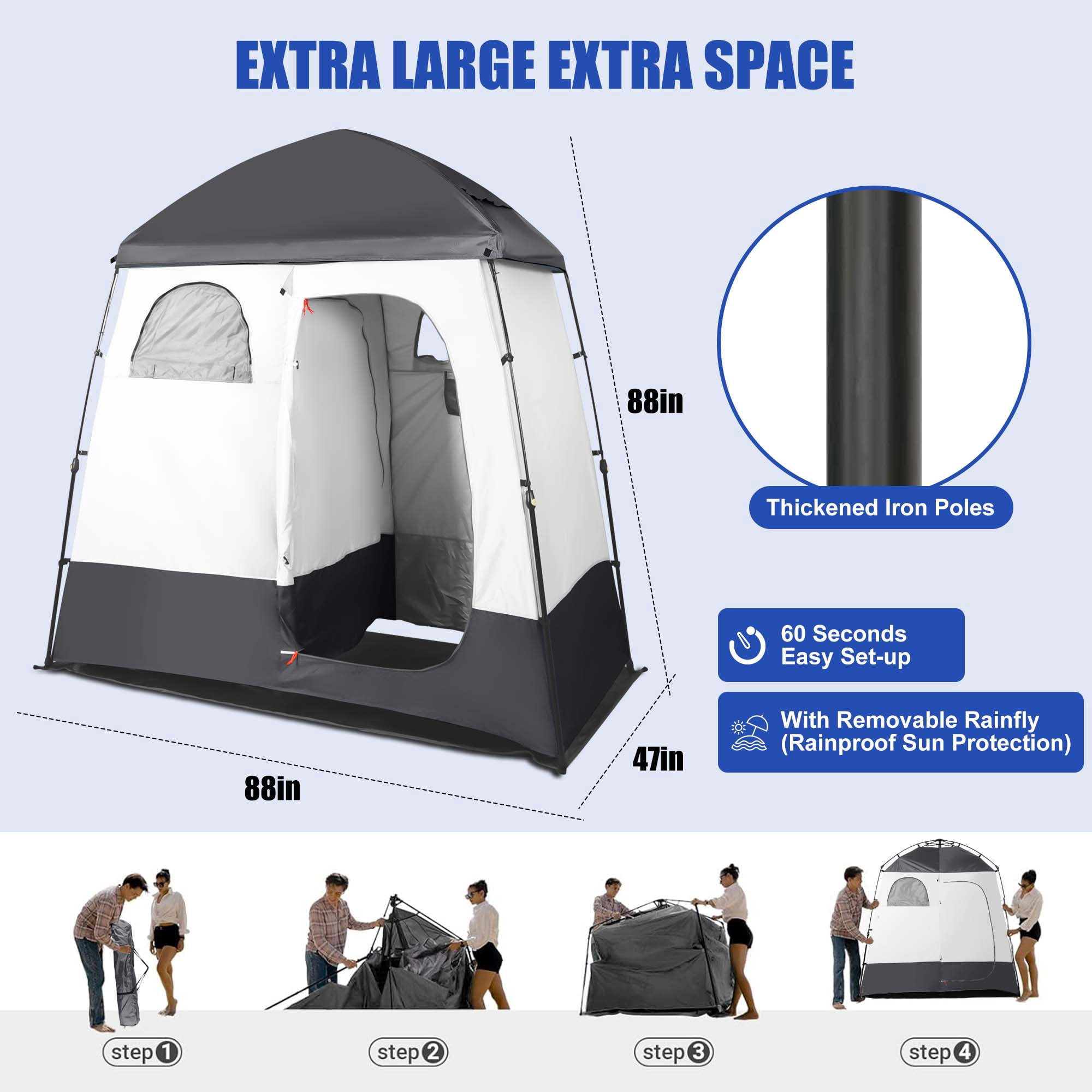 GVDV Camping Shower Tent, 2 Rooms Oversize Outdoor Portable Shelter, Privacy Tent with Detachable Top, 87" x 47" x 87"