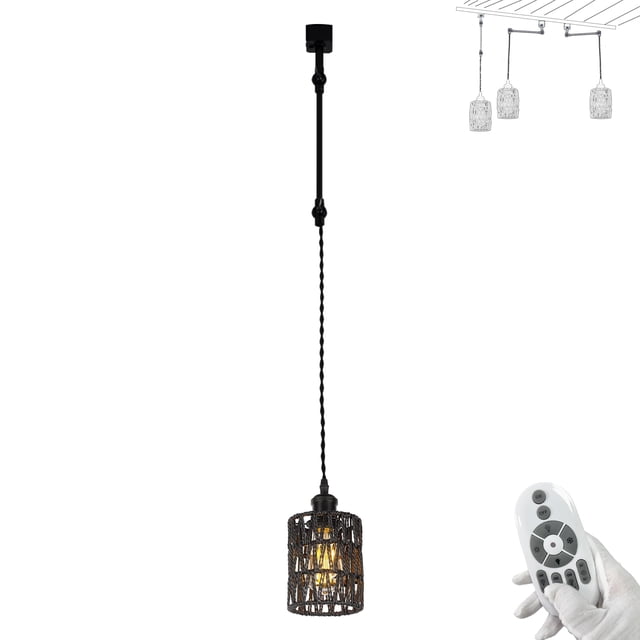 FSLiving Gimbaled LED Track Light, Adjustable Height H Type Track Lighting Black Twine Natural Rattan Shade with Smart Edison Bulbs, 2200K-6500K with Timer Decorate for Dinning Sloped Ceiling