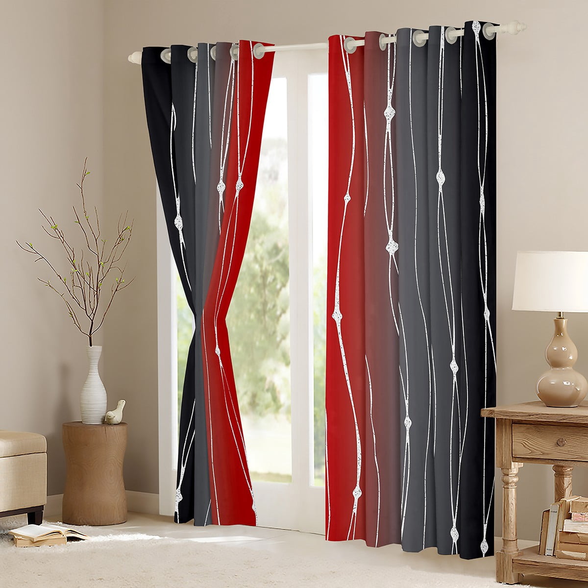 Black and Red Ombre Curtains Aesthetic Geometric Curtains & Drapes, Dots and Wave Stripe 30%-50% Blackout Curtains Watercolor Gradient Living Room Curtains, Abstract Lines Window Treatments