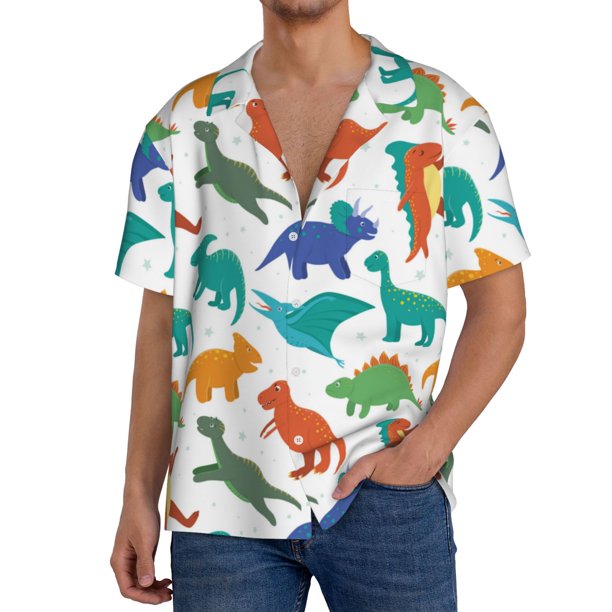 Balery Colorful Dinosaur Camisa Casual de Manga Corta con Botones para Hombre, Texturizada, Estilo Cubano, para Playa, Verano-4X-Large