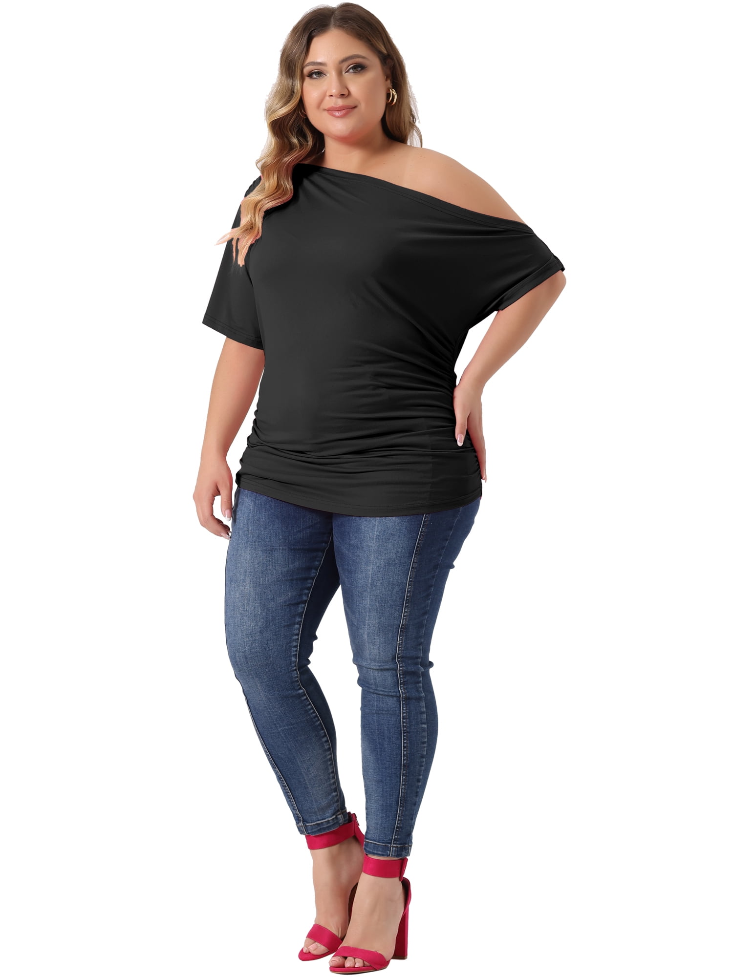 Women's Plus Tops One Shoulder Short Sleeve Ruched Basic Blouses Summer Tee Tops 3X Black
