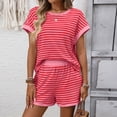 thumbnail image 5 of Two Piece Sets for Women Casual Stripe Round Neck Short Sleeve Blouse Fashion Short Pants Sport Suit, 5 of 8