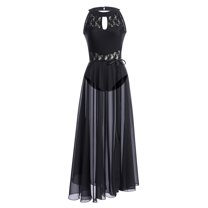 IBTOM CASTLE Women Lyrical Dance Dress Lace Sleeveless Leotard Sheer Flowy Long Wrap Skirt 2pcs Outfit XS Black