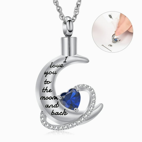 Birthstone Crescent Moon Shape Cremation Jewelry for Ashes Urn Necklace Stainless Steel Memorial Lockets Keepsakes Jewelry for Ashes Pendant - Fill kit