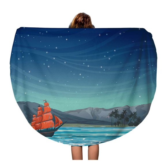 JSDART 60 inch Round Beach Towel Blanket Traditional Old Sailboat Red Sails and Tropical Island Travel Circle Circular Towels Mat Tapestry Beach Throw