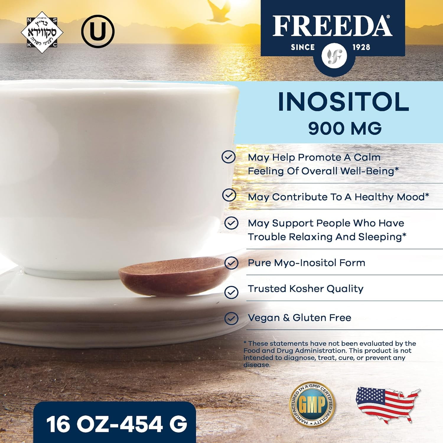 Inositol Powder for Hormonal Balance & Mood Support – Freeda Myo-Inositol Supplement – Pure Vitamin B8 for Women & Men – Kosher, Vegan, Non-GMO – 900 mg per Serving – 16 oz
