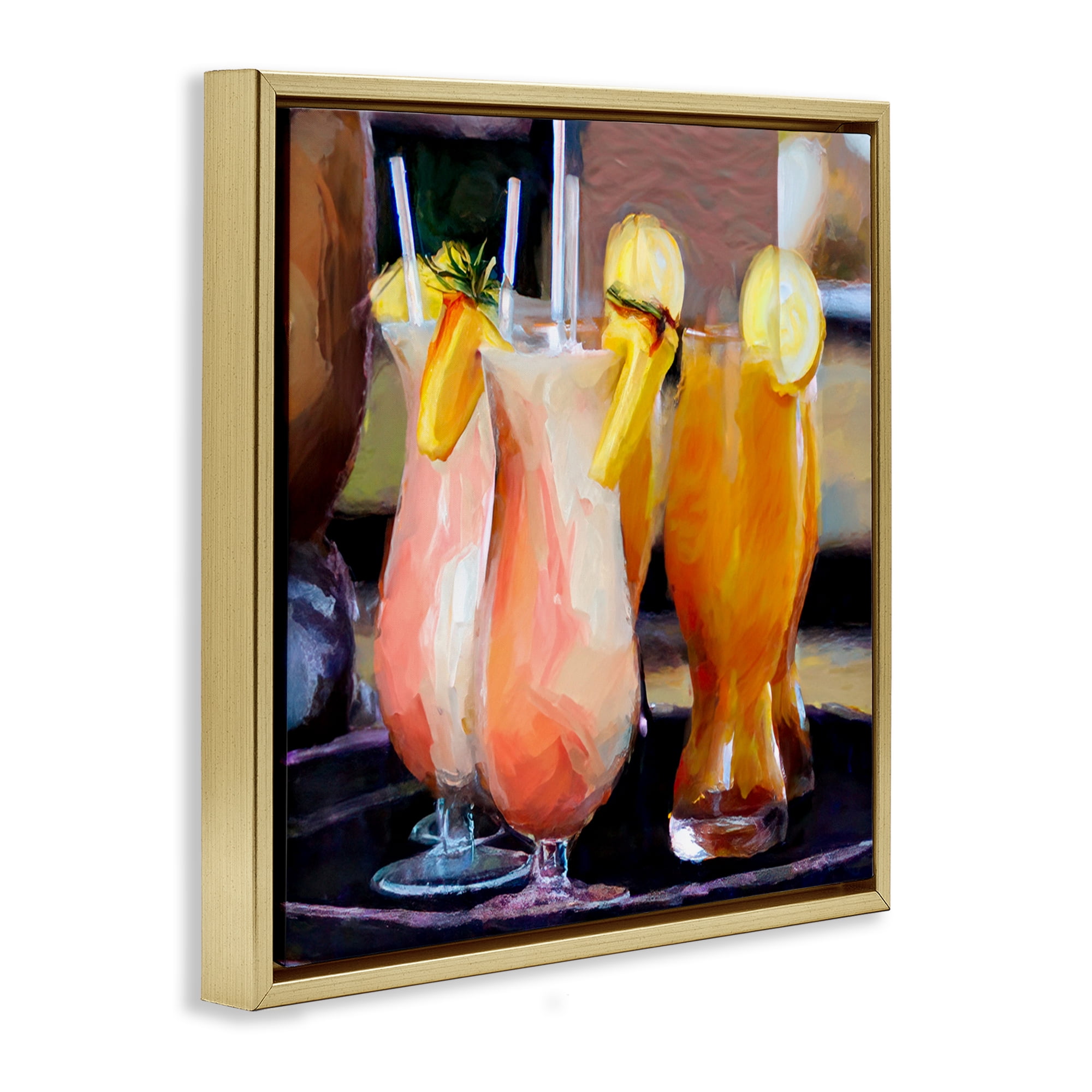 Stupell Industries Tropical Cocktails on Tray Food & Beverage Painting Gold Floater Framed Canvas Art Print Wall Art, 25 x 25