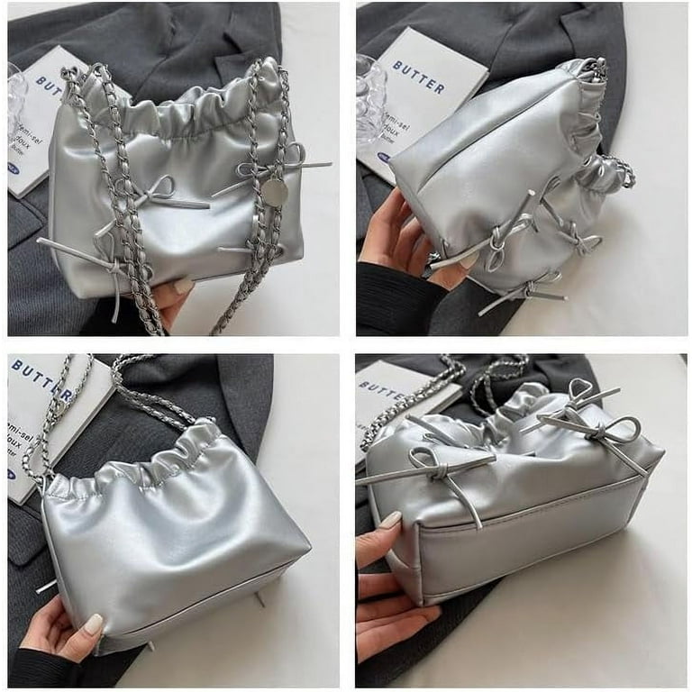 Morakot Bucket Bag Bowknot Balletcore PU Leather Shoulder Purse for Women Teen Girls Adjustable Crossbody Bag Black