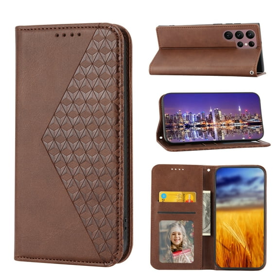 For Samsung Galaxy S23 Ultra 5G Cubic Grid Calf Texture Magnetic Leather Phone Case