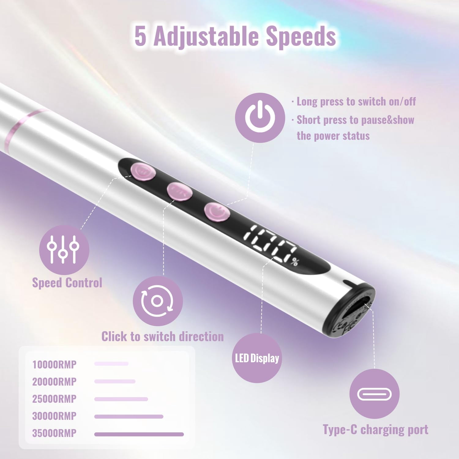 Cordless Electric Nail Drill, 35,000 RPM Rechargeable Nail Drill Machine with 12 Nail Drill Bits, Portable Electric Nail File with LCD Display for Acrylic and Gel Nails, Manicure & Pedicure, Silver
