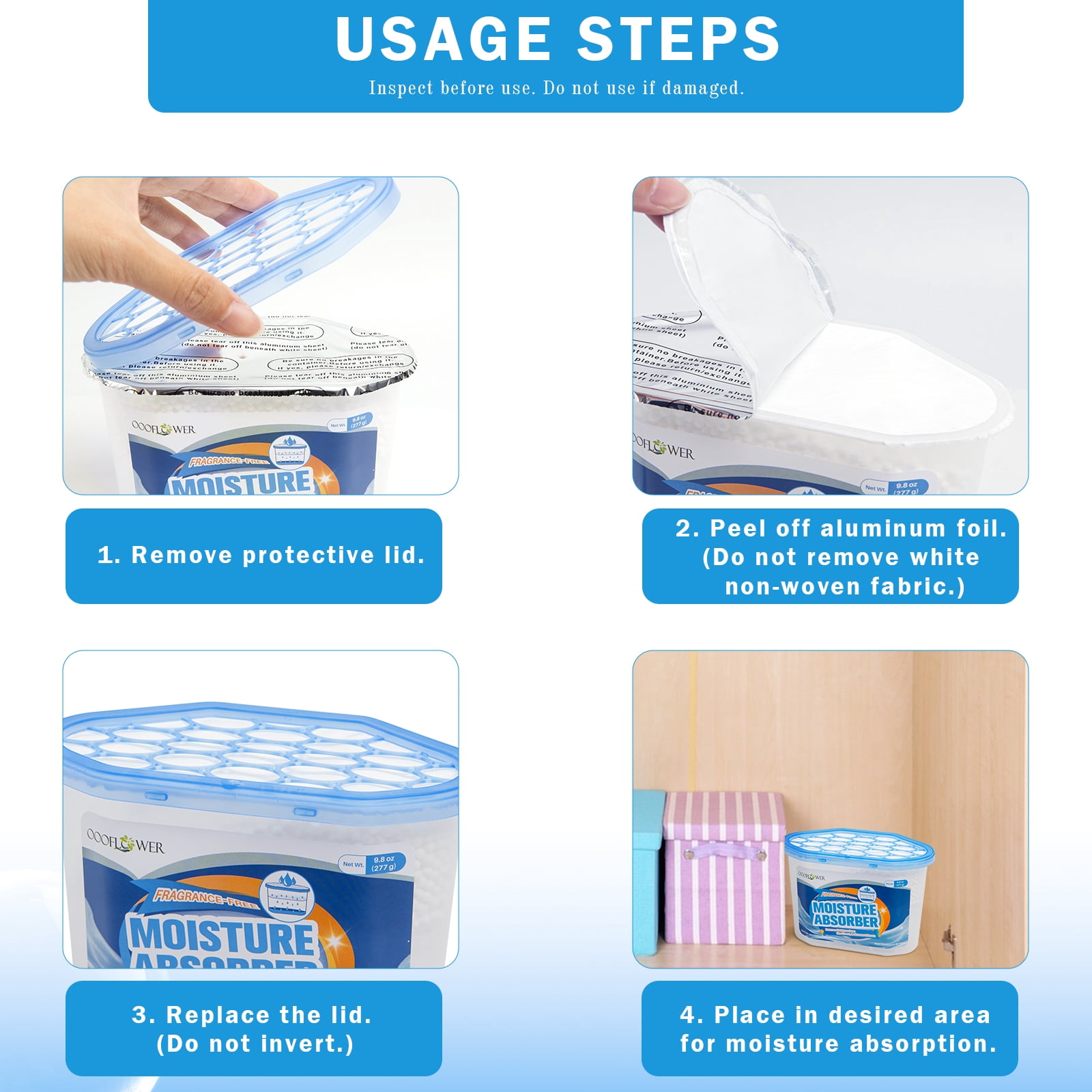 OOOFLOWER Fragrance-Free Dehumidifier Boxes 12 Pack, Portable Moisture Absorber for Bathroom, Closet, Bedroom & Car, No Electricity Required