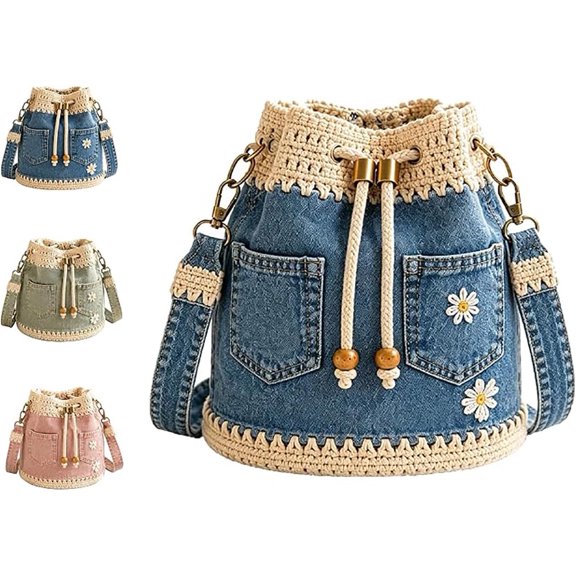 Denim Crochet Bucket Bag,Boho Drawstring Crossbody Purse,Casual Jean Tote with Daisy Embroidery for Travel&Daily Use