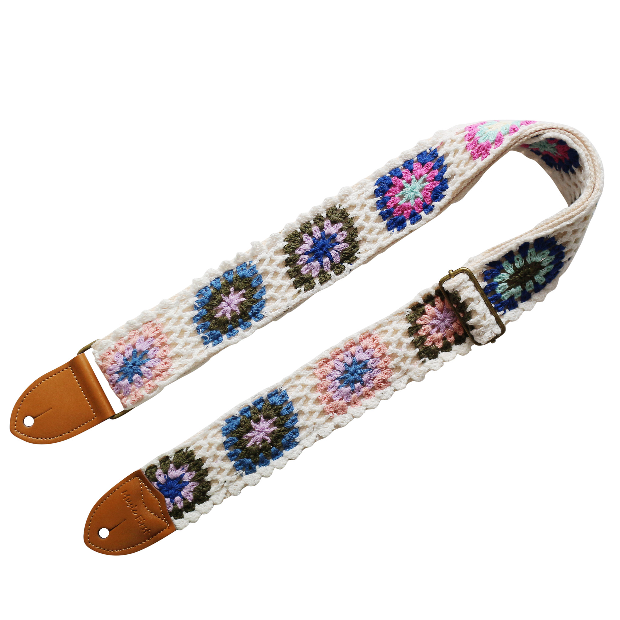 MUSIC FIRST Original Design, 2 inch width (5cm), Vintage Style Hand Made Crochet "Colorful Flowers" Electric Guitar Strap