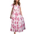 thumbnail image 3 of Fesfesfes Womens Dress Floral Print Round Neck Spring Dress Loose Casual Short Sleeve Dress Beach Bohemian Ruffles Holiday Dress, 3 of 9