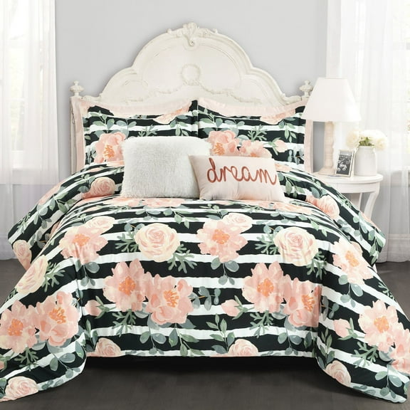 Lush Decor Amara Watercolor Rose Comforter Black/Dusty Rose 7Pc Set Full/ Queen
