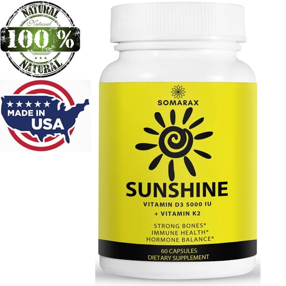 Sunshine – Vitamin D3 5000 IU with Vitamin K2 for Immune Support and Promotes Healthy Bones, Teeth & Muscle Function 60 Capsules by Somarax