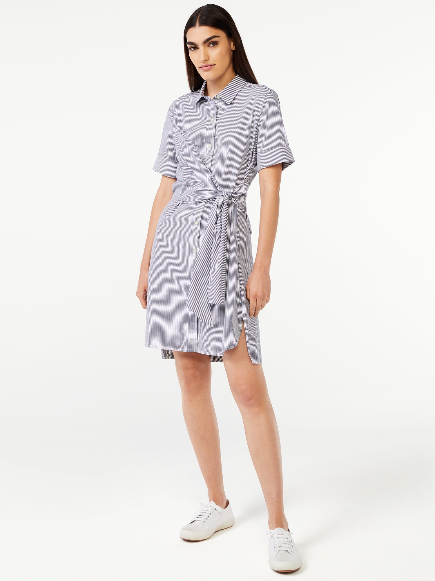 Free Assembly Women's Wrap Shirt Dress with Short Sleeves