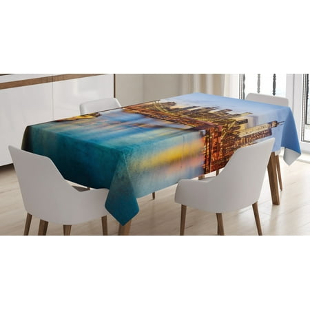 

United States Tablecloth New York City Skyline Over East River Brooklyn Bridge Twilight Rectangular Table Cover for Dining Room Kitchen 60 X 90 Inches Blue Dark Orange Yellow by Ambesonne