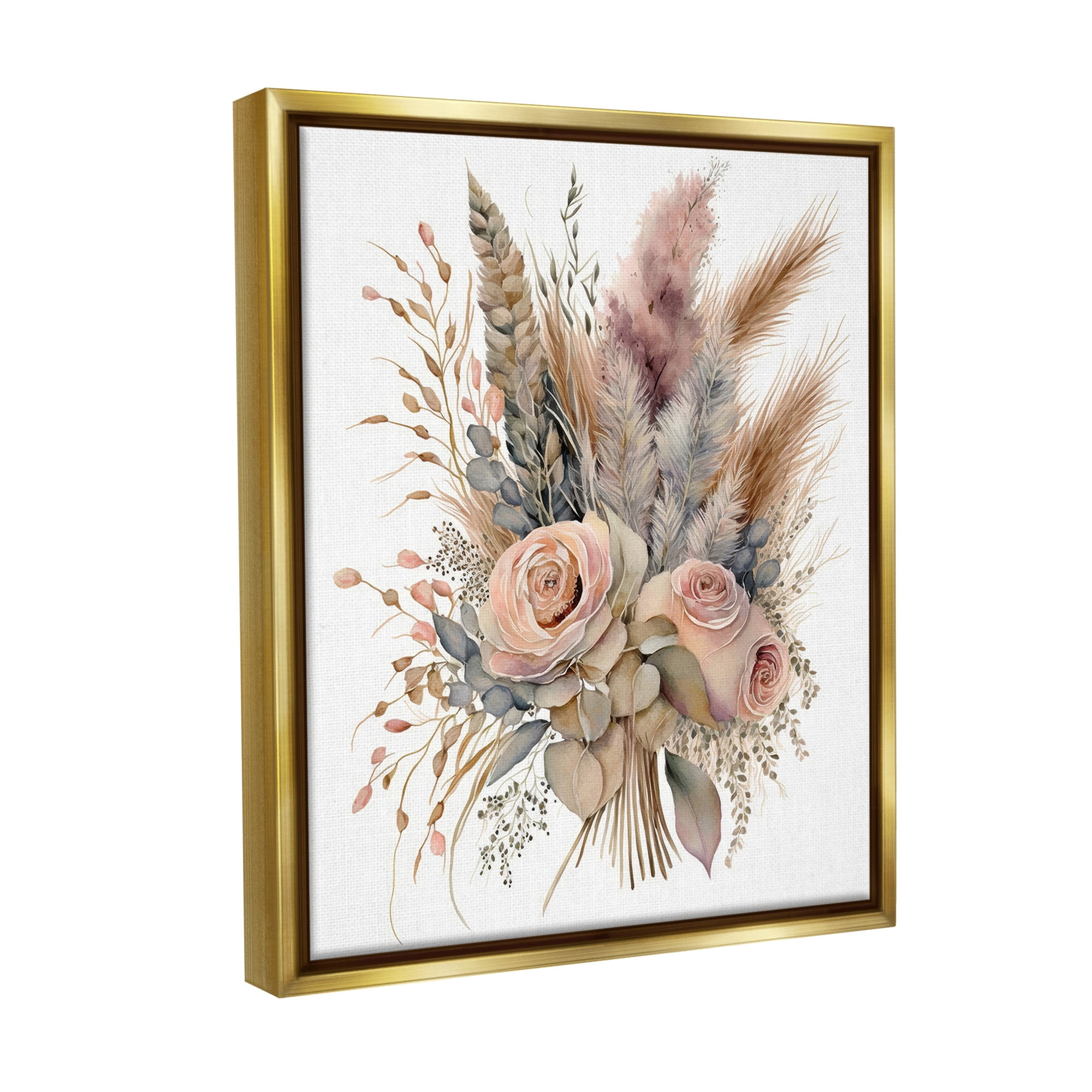 Stupell Industries Boho Rose Pampas Botanical & Floral Painting Gold Floater Framed Canvas Art Print Wall Art, 17 x 21