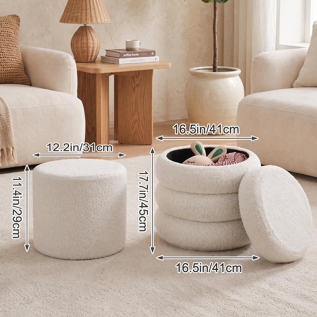 Round Ottoman 16.5 Inch, Storage Stool with Removable Lid for Living Room and Bedroom, Set of 2 Vanity Stools and Foot Rest, Beige