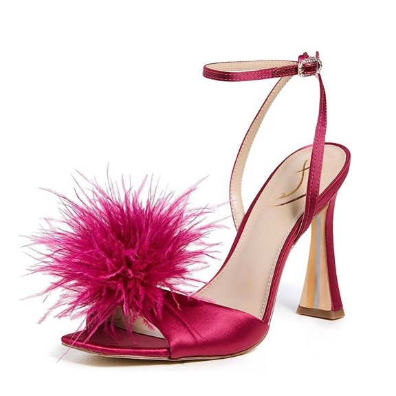 Sam Edelman Leon Raspberry Feather Pom Pom Detail Ankle Strap High Heel Sandals (Raspberry, 5)
