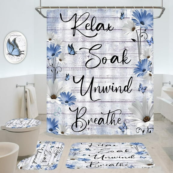 4Pcs Yellow Sunflower Shower Curtain Set, Vintage Bathroom Curtain with Non-Slip Rug, Toilet Lid Cover, Bath Mat and 12 Hook, Rustic Farmhouse Butterfly Flower Relax Soak Unwind Bathtub Decor