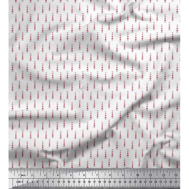 Soimoi White Velvet Fabric Lighthouse Nautical Printed Fabric 1 Yard 58 Inch Wide